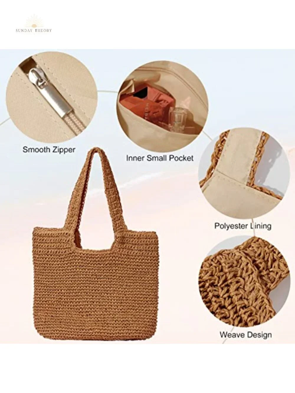 Handwoven Straw Shoulder Bag Summer Beach Tote with Zipper Large Capacity